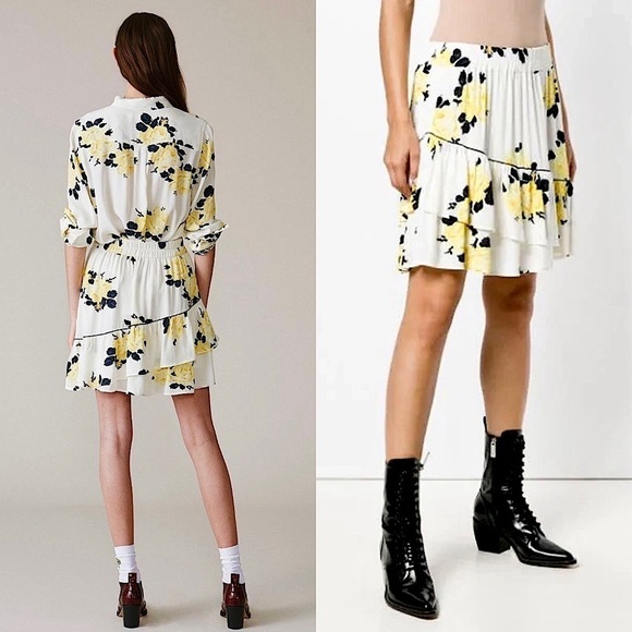 GANNI 90s Rose Floral Print Crepe High Waist Asymmetric Ruffle Tier Mini Skirt S - Picture 2 of 8